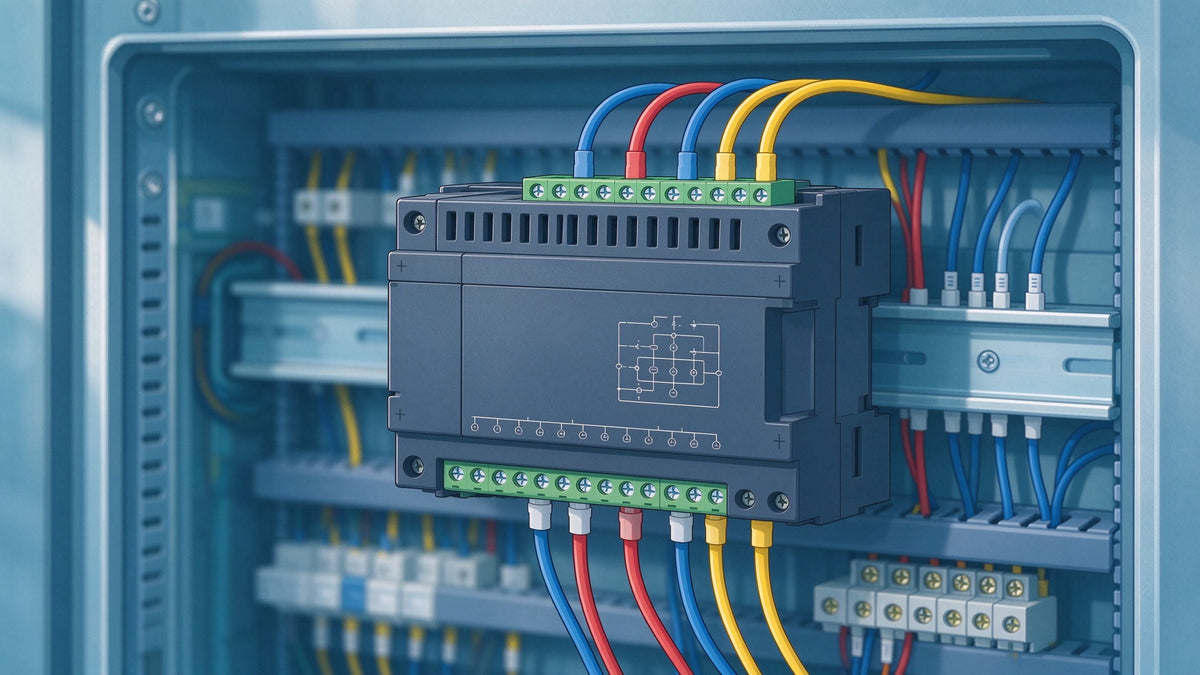 Close-up of a PLC CPU module on a DIN rail inside a control cabinet