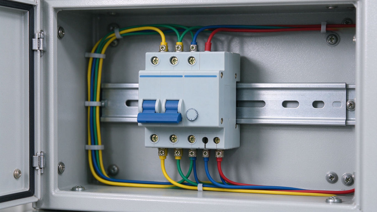 Compact SIRIUS motor-protection circuit breaker mounted on a DIN rail in a control cabinet