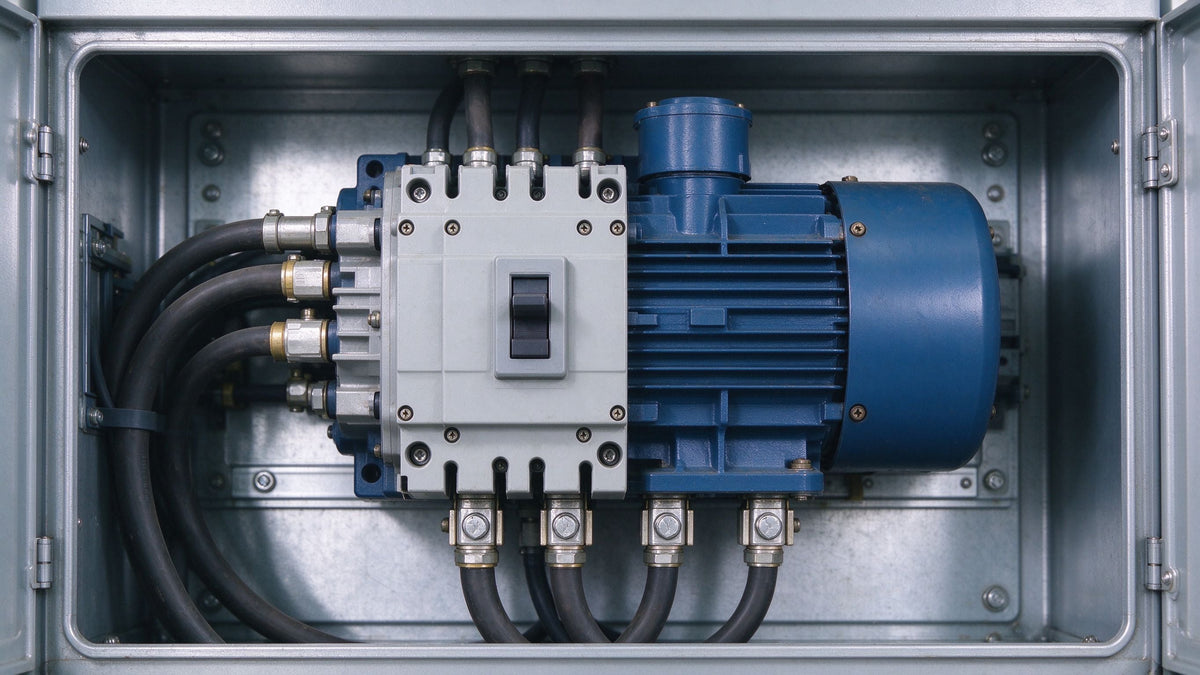 Larger SIRIUS motor-protection circuit breaker next to a three-phase motor in a control cabinet