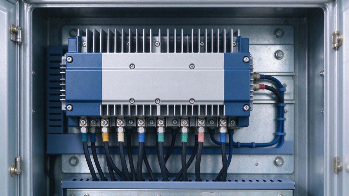Heatsinked SIRIUS soft starter unit with power terminals mounted in a control cabinet