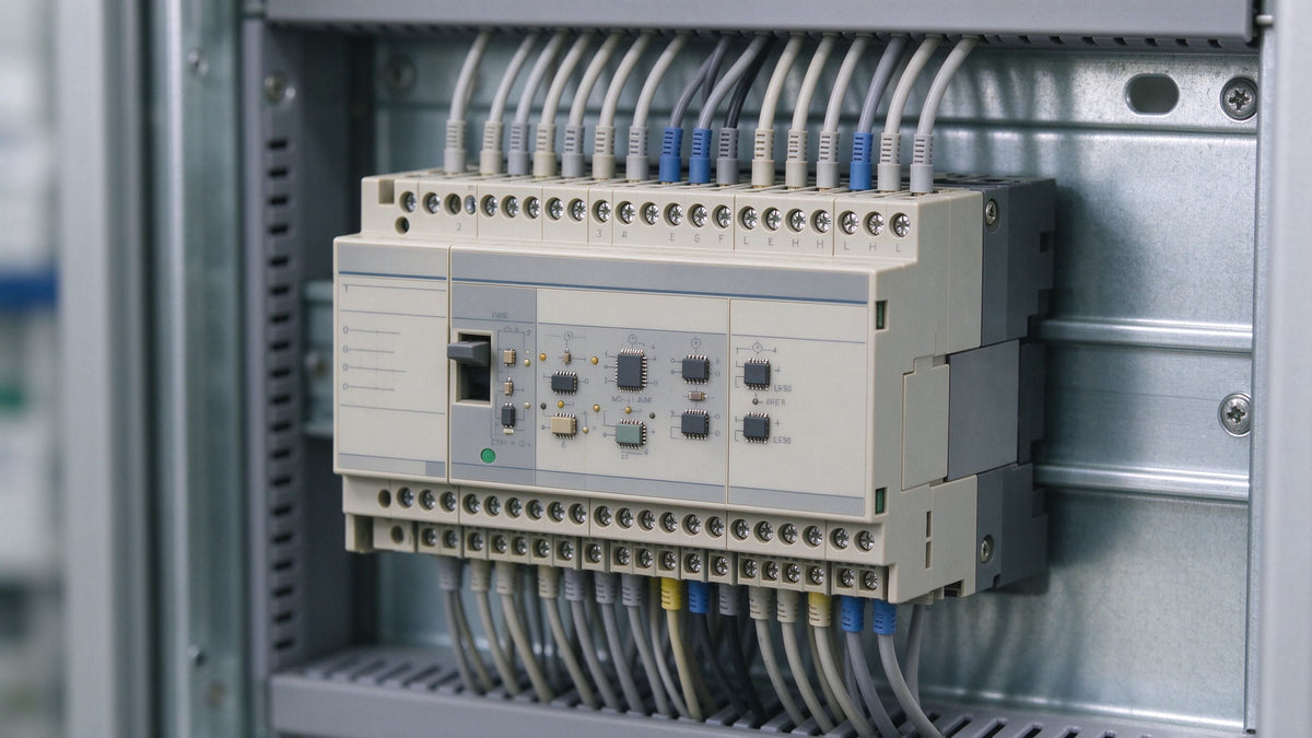 A vintage Modicon rack-mount I/O module wired into a metal control cabinet backplane