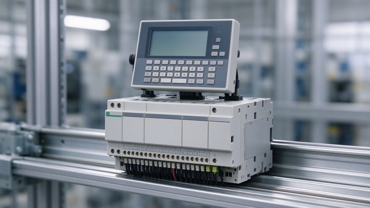 A backlit graphic display and keypad operator panel mounted on top of a compact DIN-rail logic module