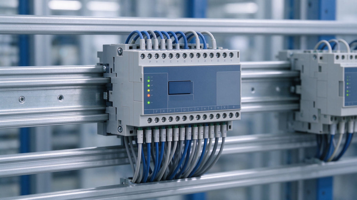 ABB CL series logic relay wired on a DIN rail in a control cabinet