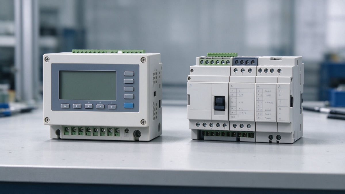 Two compact DIN-rail micro logic modules side by side on a workbench