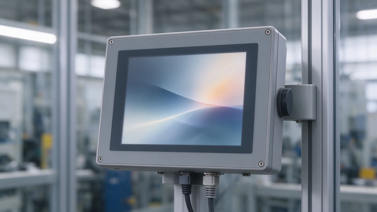 A 5.7-inch monochrome HMI touch panel mounted on an articulated arm outside a machine