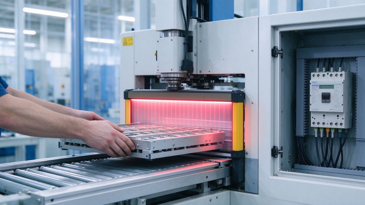 Operator at a guarded machine cell with a safety light curtain and safety relay in the cabinet