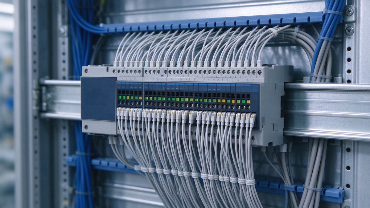 A dense 64-channel PLC digital output module wired into a metal control cabinet